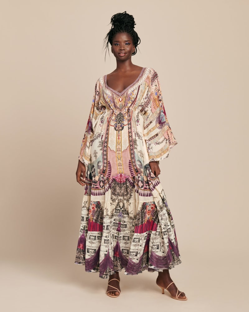 Front of a model wearing a size XXL Gathered Panel Dress in Violet City by Camilla. | dia_product_style_image_id:225718